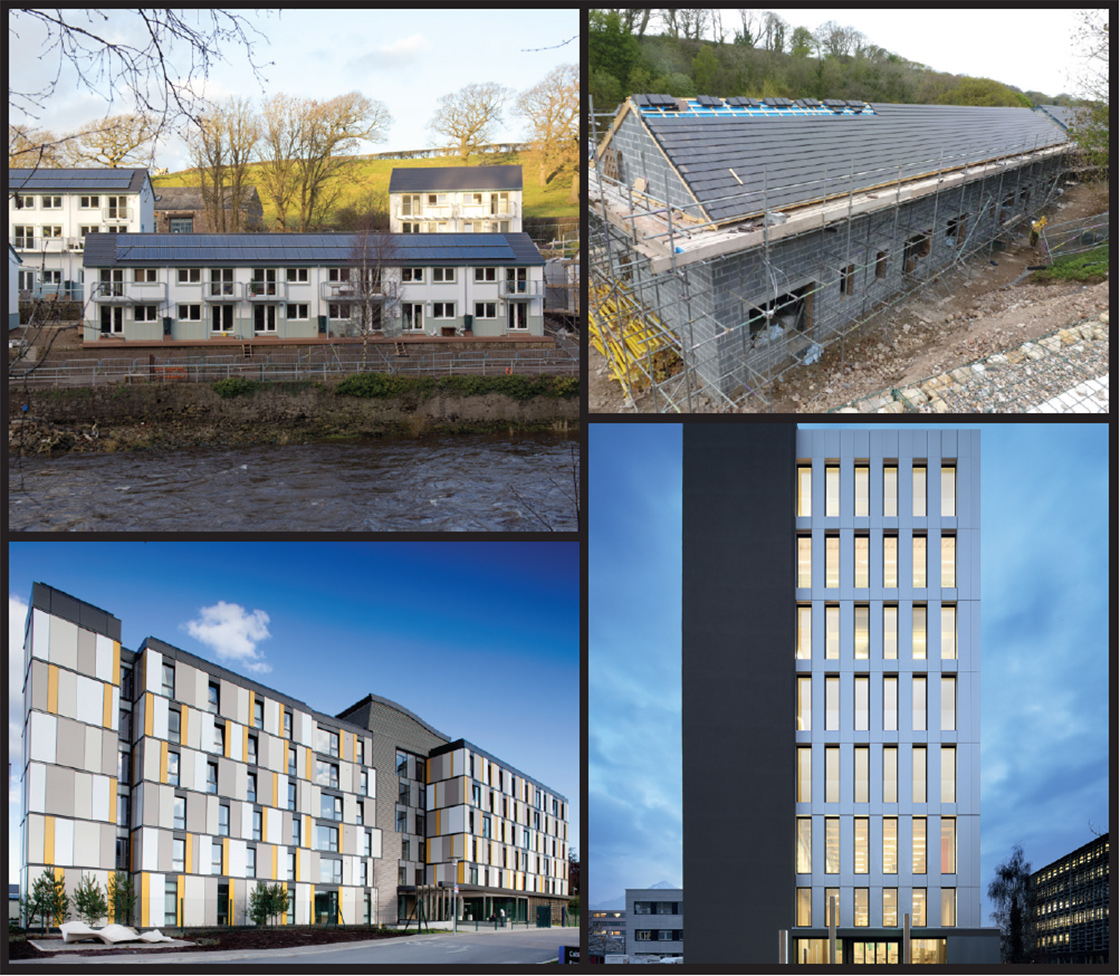 (clockwise from top left) While the likes of Lancaster Cohousing prove that traditional cavity wall construction can be used on substantial passive house projects; ground-breaking off-site build methods such as the timber structure for the eight storey certified passive Life Cycle Tower 1 office building in Austria may help to deliver substantial buildings at scale in the midst of a skills shortage