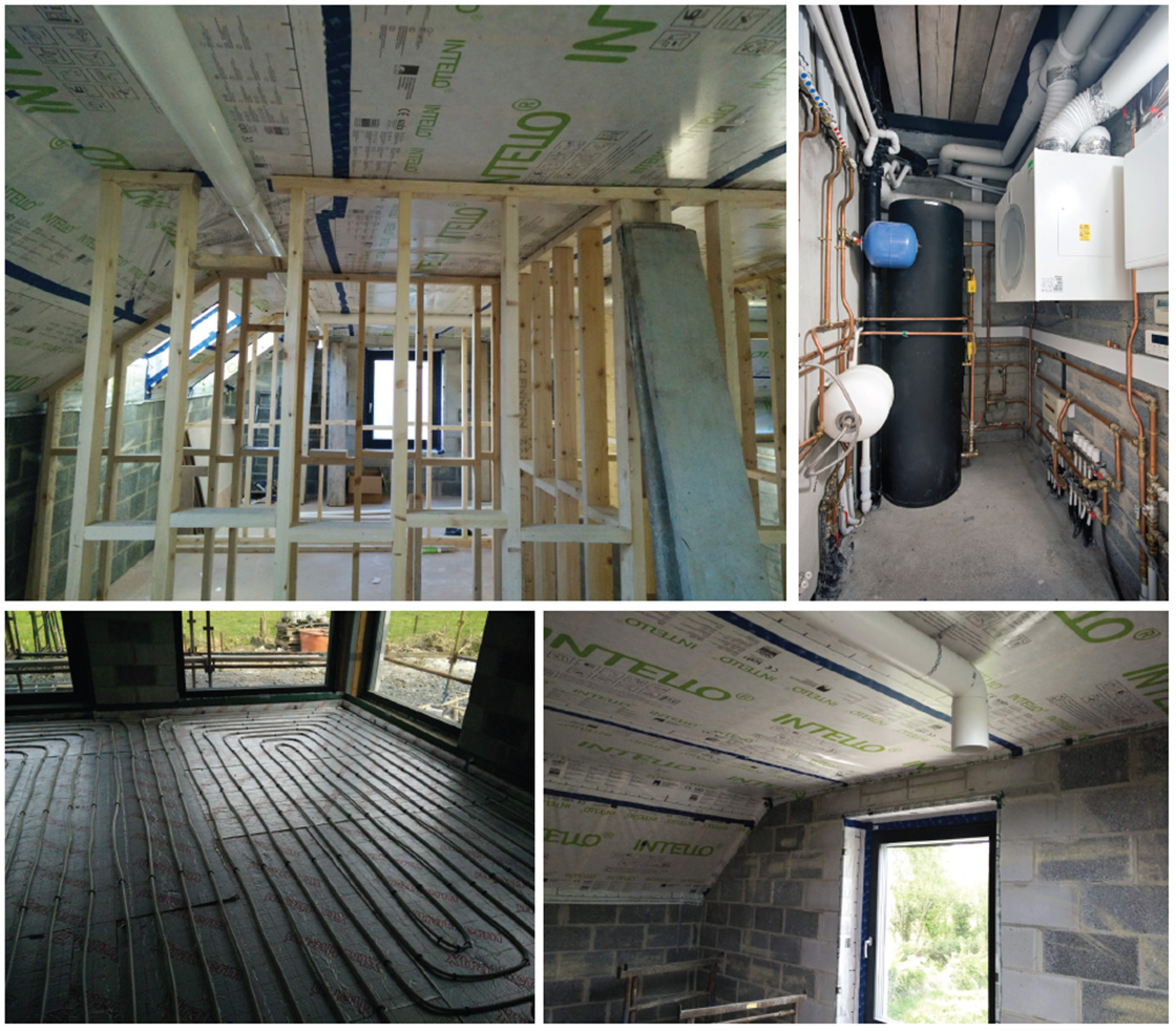 (clockwise from top left) pro clima Intello membranes – installed before stud walls were built for continuity – provide airtightness and vapour control on the inside of the roof; fresh air is delivered by a Glen Dimplex MVHR system, seen here on the right, alongside a 250 litre tank that stores heat from the Glen Dimplex air source heat pump; Quinn Lite blocks installed around windows to reduce thermal bridging