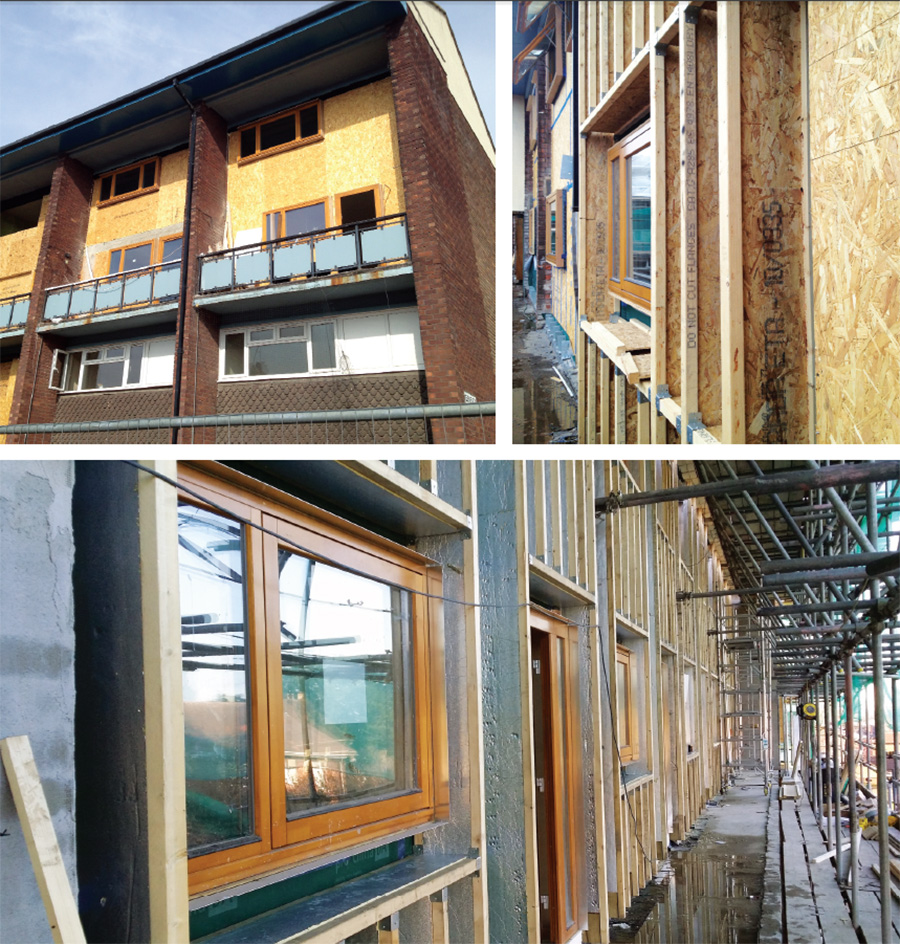 (Top left) New timber infill panels being installed; (top right) 300mm timber I-beams & Ecocontract windows; (above) rigid insulation installed in the I-beam webs