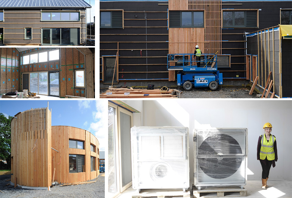 clockwise from top left) The main timber frame KS2 building at Burry Port, seen here with Hunton Sarket T&G sheathing board; before larch cladding was installed over the timber battens; Swegon Gold MVHR ystem delivered to site with architect Hannah Dixon from Architype; the curved walls of the brettstapel pod building; the stapled and sealed 18mm OSB on the inside forms the airtightness layer.