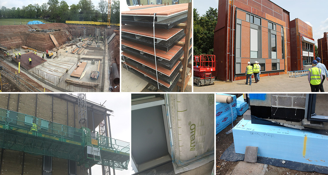 (clockwise from top left) excavation of the site for the installation of the reinforced ground-bearing concrete slab; composite panels clad with a brick finish, with a 300mm cavity inside that was later insulated with Knauf Earthwool; facade mock-up panels at the facade engineer Wintech’s testing yard in Telford, built to test the buildability of the systems and iron out details like blind integration and airtightness; thermal bridge-free detailing, with masonry walls resting on thermal insulation; airtightness detailing with Pro Clima Intello vapour membranes; Rockwool mineral wool insulation batts fixed externally on the upper floors
