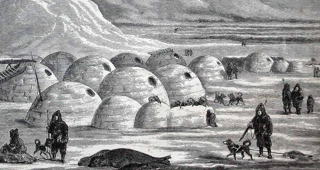 A community of igloos (Illustration from Charles Francis Hall's Arctic Researches and Life Among the Esquimaux, 1865)