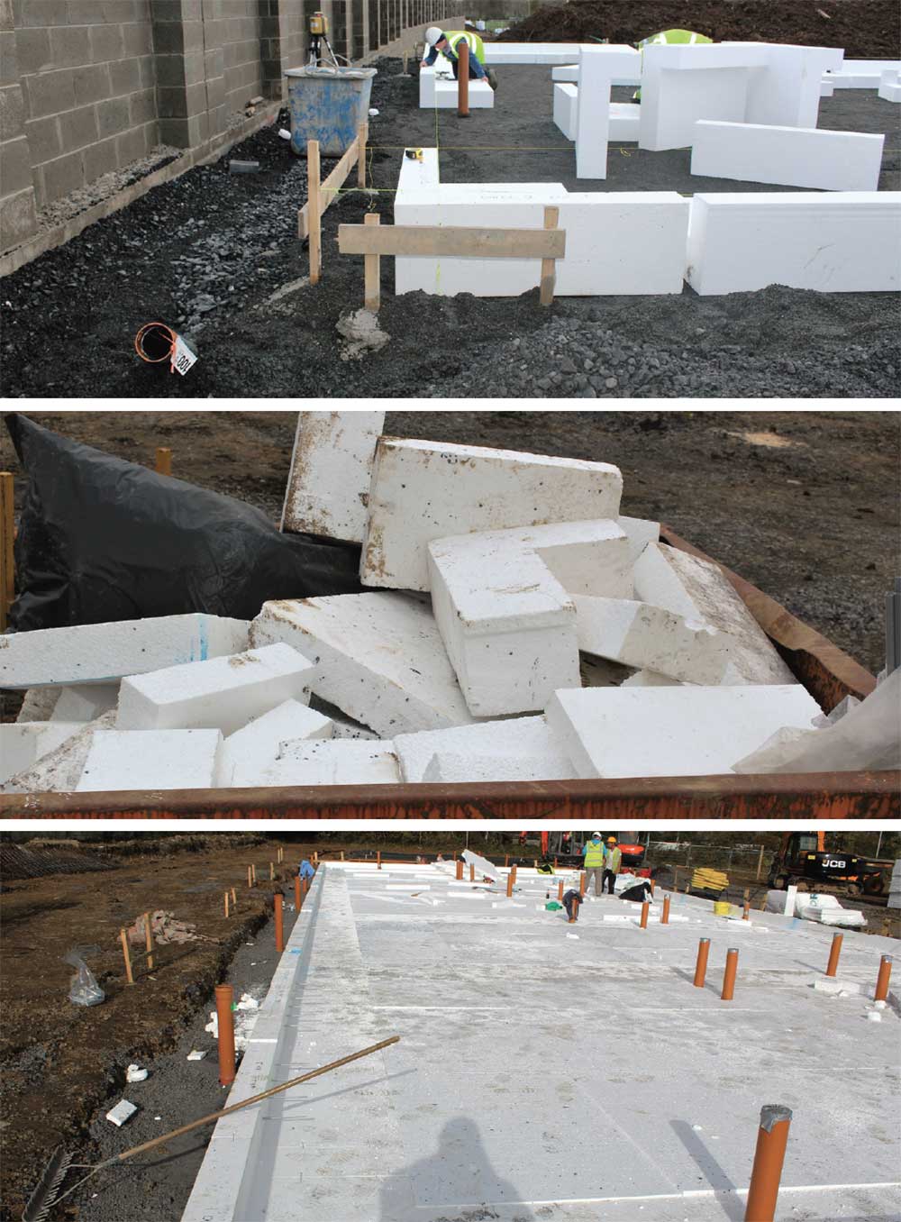 (Above, top to bottom) Installation of the Kore Passive Foundation system with EPS insulation beneath the slab and around the ring beam at the perimeter, eliminating thermal bridging through the ground floor, while minimising construction waste in the process – the off cuts shown here are from five houses.