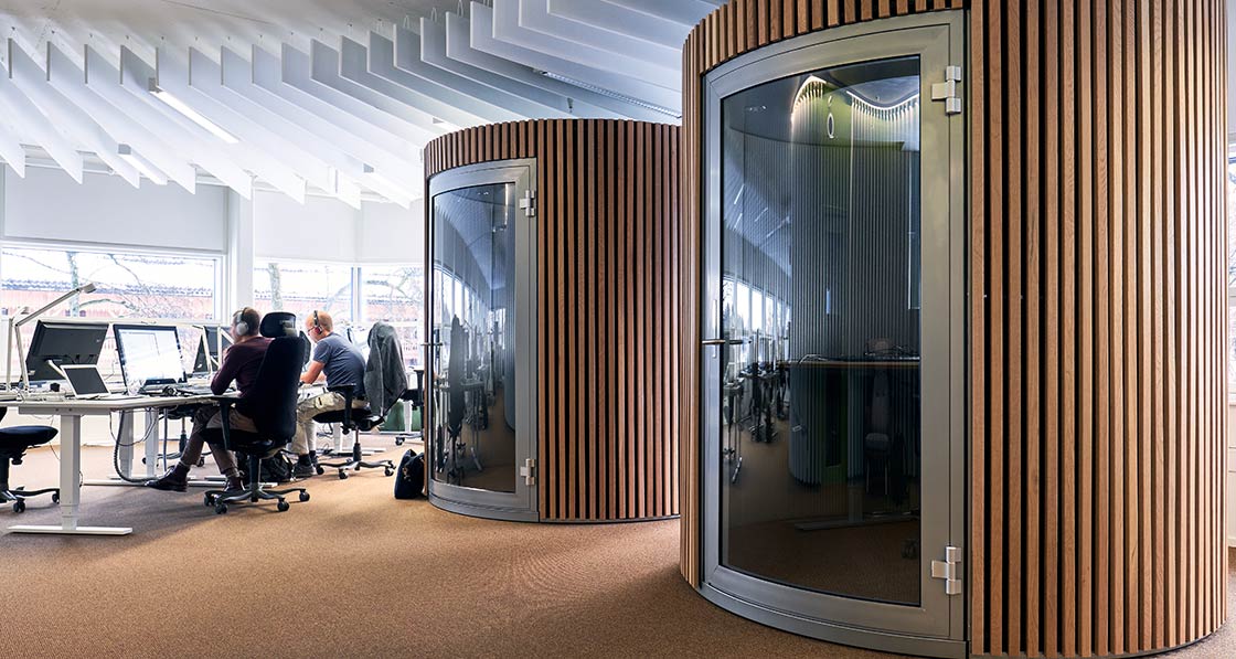 Telephone pods in the open plan offices at Powerhouse Kjørbo