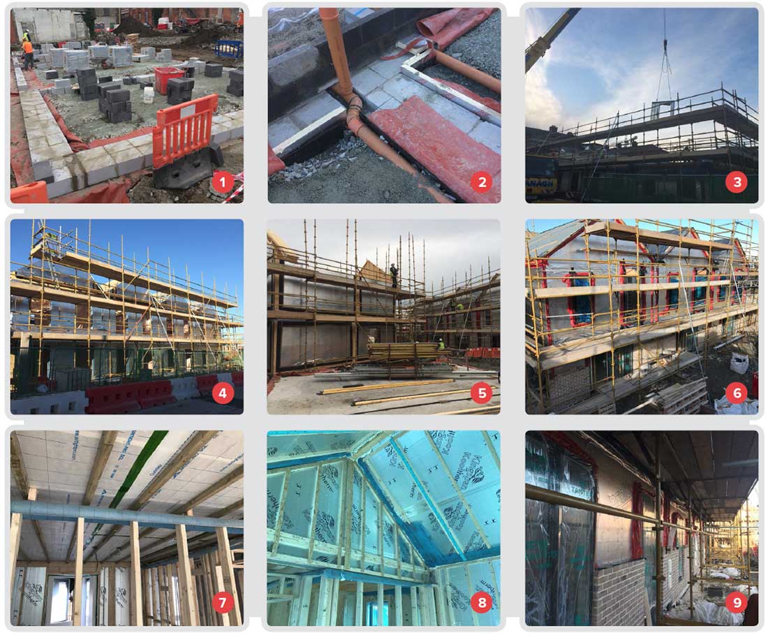 1 Two courses of Quinn Lite AAC blocks used in subfloors at perimeters and party walls to reduce thermal bridges; 2 the ground floor also features 150mm XT Xtratherm insulation and a radon control membrane; 3 panels being lifted into place for the timber frame structure; 4, 5 & 6 the Kingspan Century Ultima wall system takes only between three and four days to erect once it arrives onsite, and delivers high levels of thermal performance and airtightness; 7 Airtight Pro SCL membrane on the internal side of ceiling; 8 Kingspan PIR insulation to the inside of the roof construction; 9 windows & doors in place, and work begins on fitting the external brickwork over a Protect TF200 Thermo breather membrane.