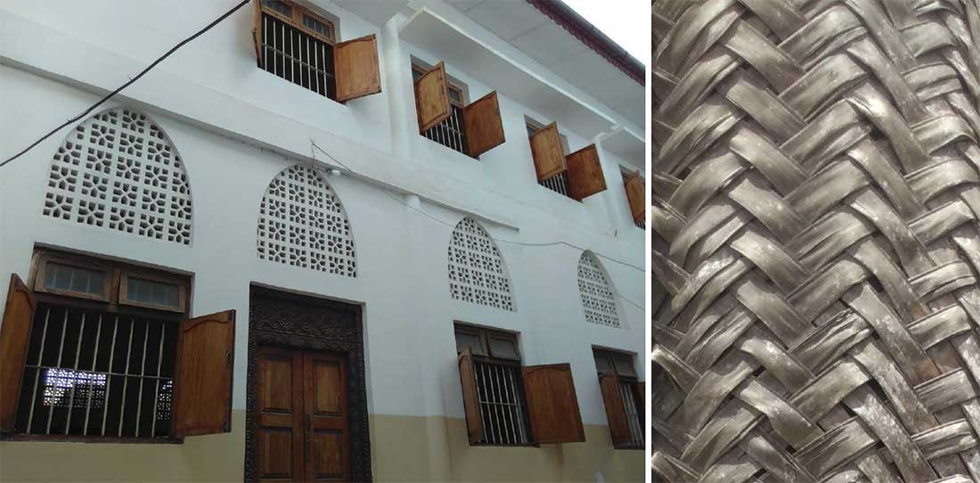 (left) A local architectural approach to shading and secure ventilation; (right) woven banana leaves, like coconut leaves, are one material used for shading and privacy