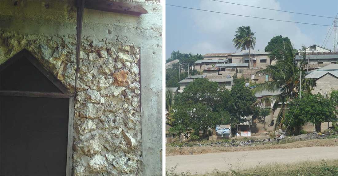 (left) group of concrete block and metal roofed homes on a local hillside; (right) recycled coral stone was used in the construction of this Tanzanian permaculture centre