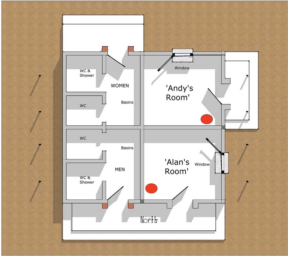 floor plan of the test unit, showing the bedrooms Alan and Andy stayed in during their 2018 visit.