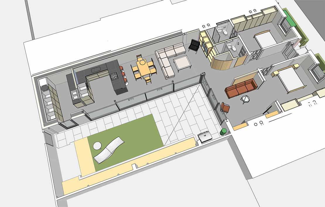 above 3D floor plan of the finished dwelling, with bedrooms in the original part of the dwelling (at right) and kitchen and dining areas in the new extension (at left); below graphic sequence showing demolition of the old extension and construction of the new one.