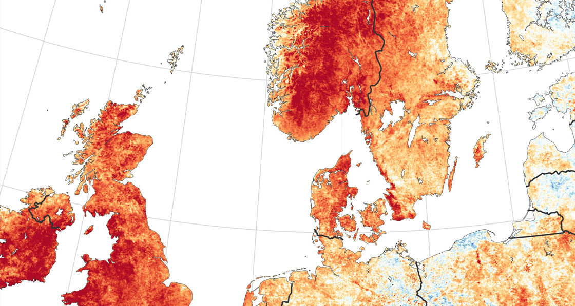 A NASA temperature anomaly map in Northern Europe in July 2018 showing unusually hot conditions in Ireland, the UK and Scandinavia.