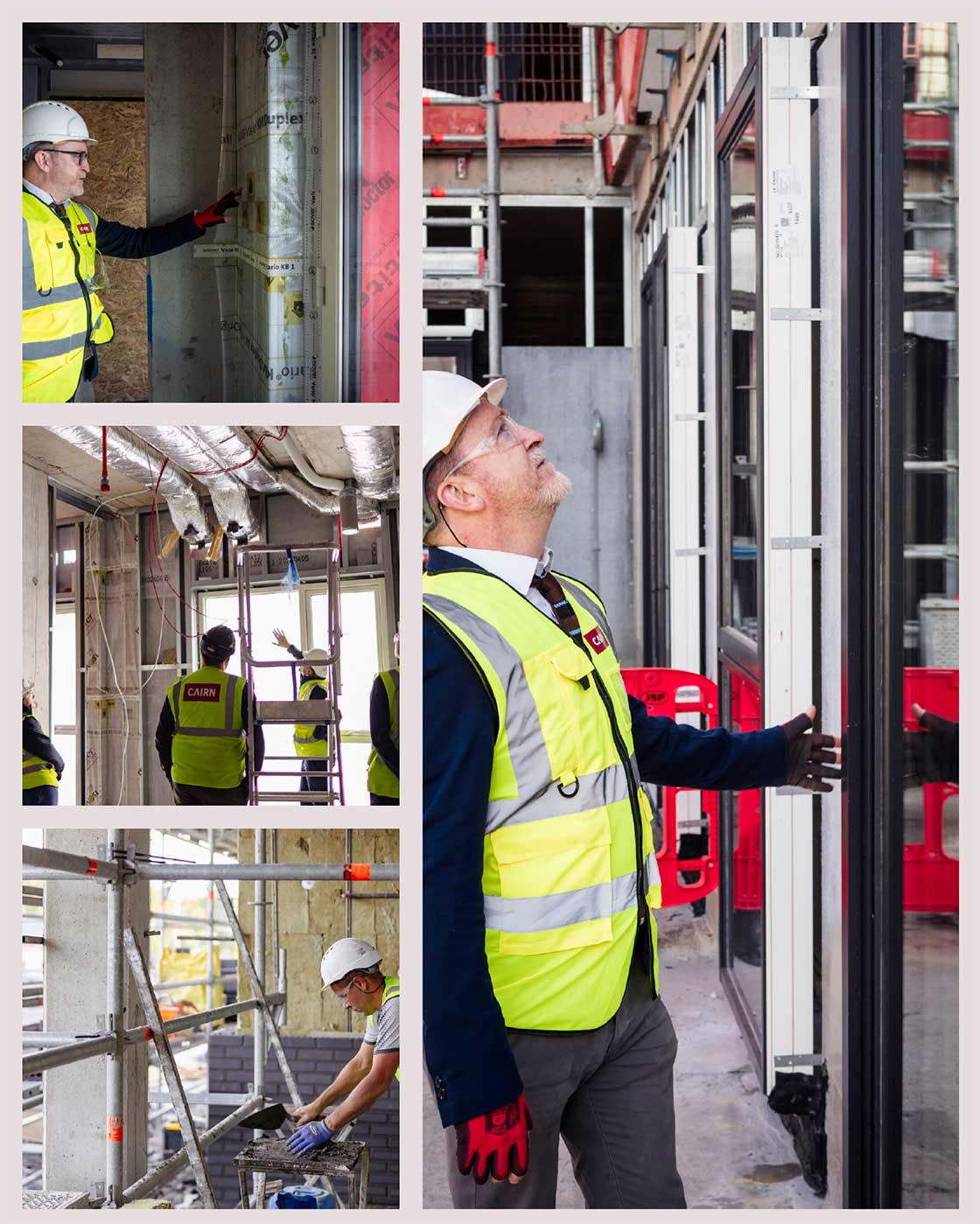 (Clockwise frop top) Stephen O'Shea inspecting works at Pipers Square including the airtight layer; and externally bracketed NorDan windows; the mineral wool insulation layer and brick rainscreen; ductwork for the MVHR system.