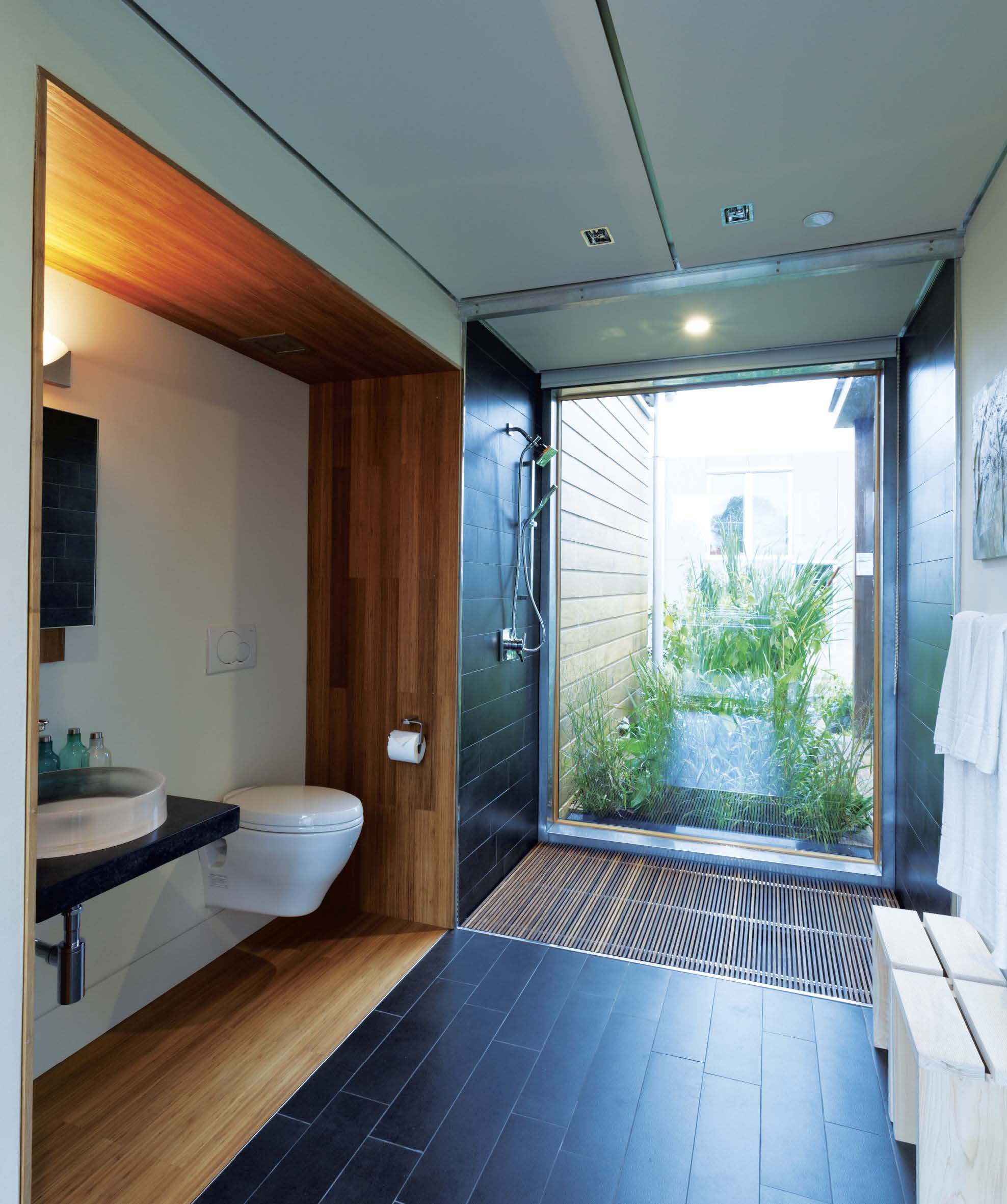 The bathroom is the focal point of the design and water conservation and reuse is a central theme to the project.