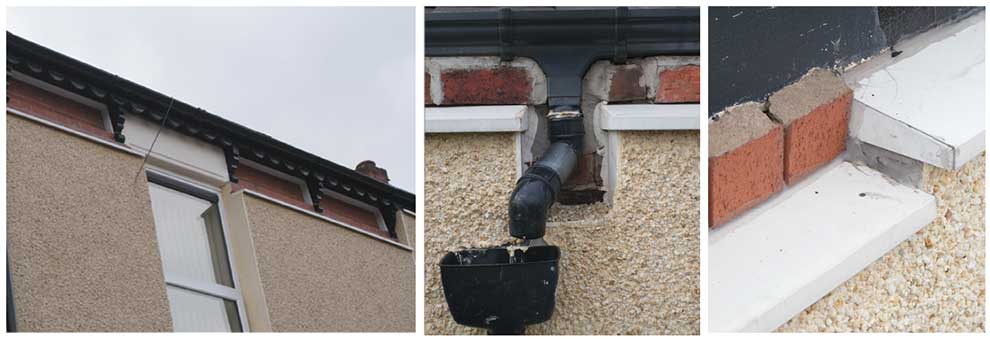 (above) Poor workmanship at the Preston scheme including (l-r) poor detailing at the roof line, discontinuous drainage installations; and uneven installation of the insulation system.