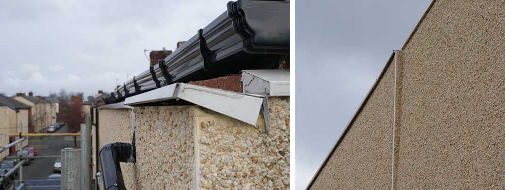 Poorly installed external insulation with capping (right photo) that will almost certainly drain rainwater back into the wall behind.