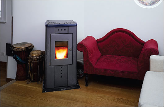 A wood pellet stove provides space and water heating for the entire dwelling