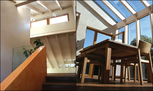 (left) glass balustrades help to make the most of light entering the house through clerestory windows; (right) the extensively glazed dining area adjacent to the kitchen