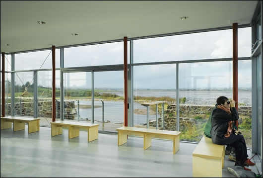 Iinternal view of the pavilion with vistas out to the reserve and Strangford Lough