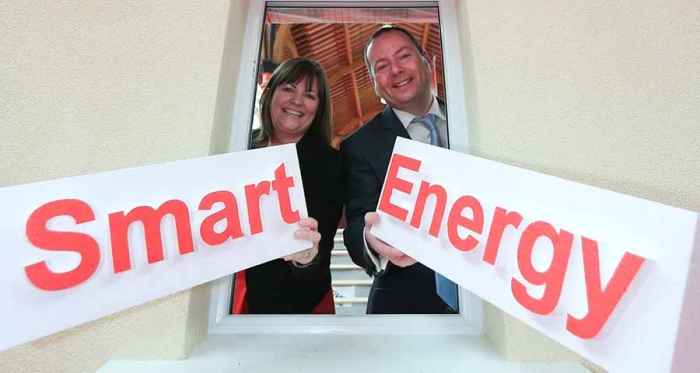 Insulation manufacturer Airpacks’ business development manager Caroline Ashe with SEAI CEO Dr Brian Motherway at the Energy Show 2013